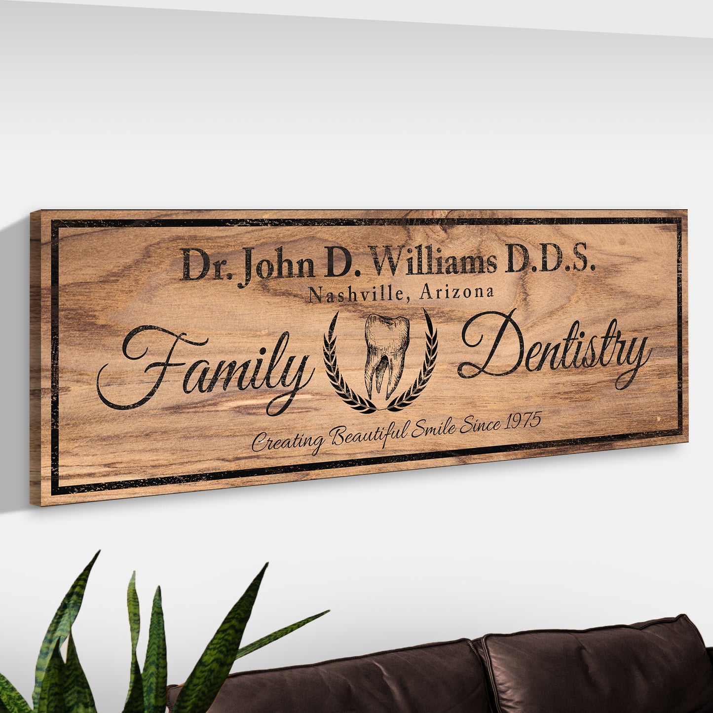 Dentist Sign VIII canvas with woodgrain background and dental typography Tailored Canvases on Tampa Home & Garden Store