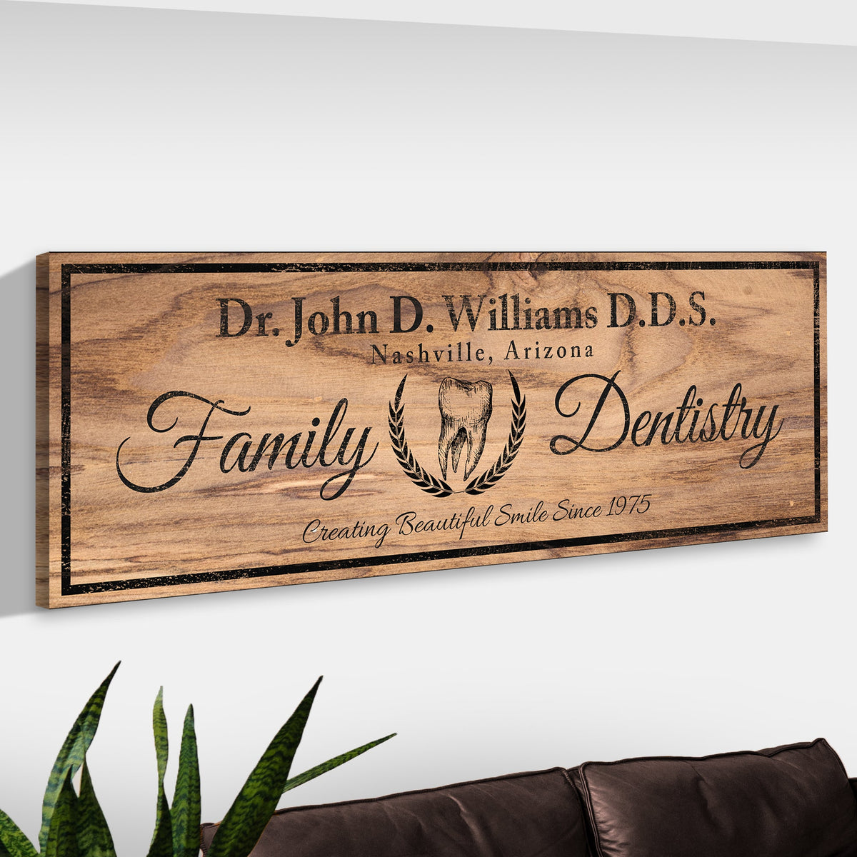 Dentist Sign VIII canvas with woodgrain background and dental typography Tailored Canvases on Tampa Home & Garden Store