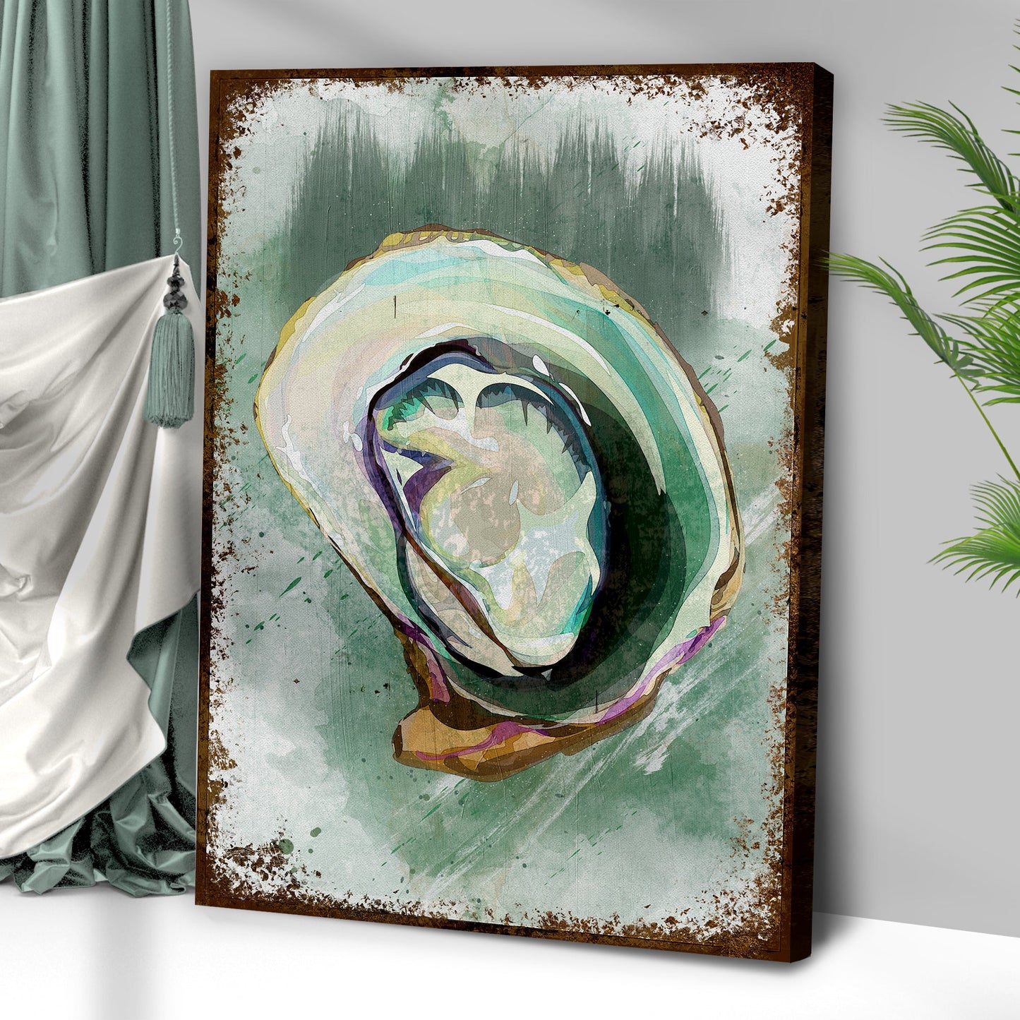 Oyster Shell Abstract Portrait Canvas by Tailored Canvases; colorful shells on rust frame on Tampa Home & Garden Store
