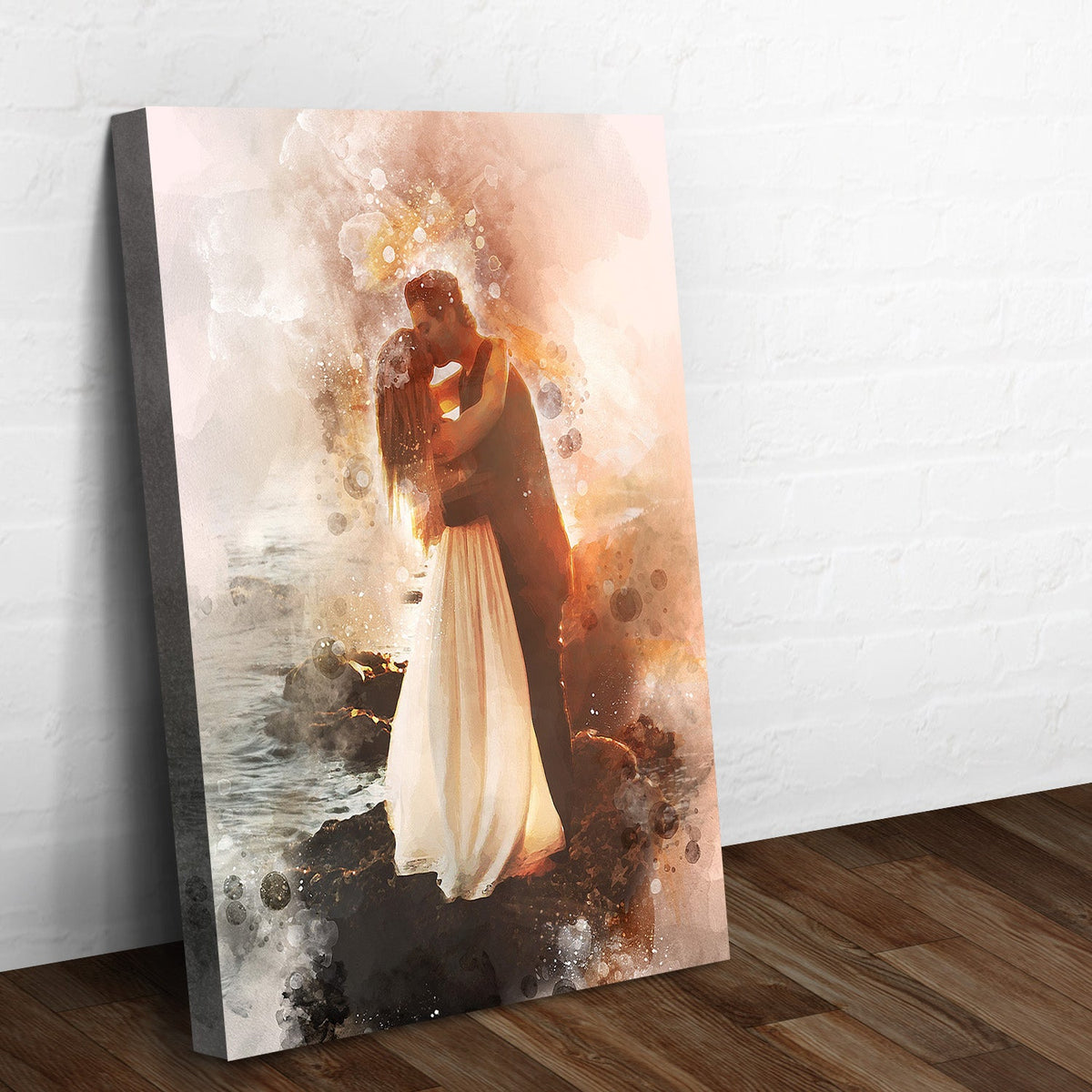 Couple Watercolor Portrait Sign canvas by Tailored Canvases, warm peach tones, romantic embrace on Tampa Home & Garden Store