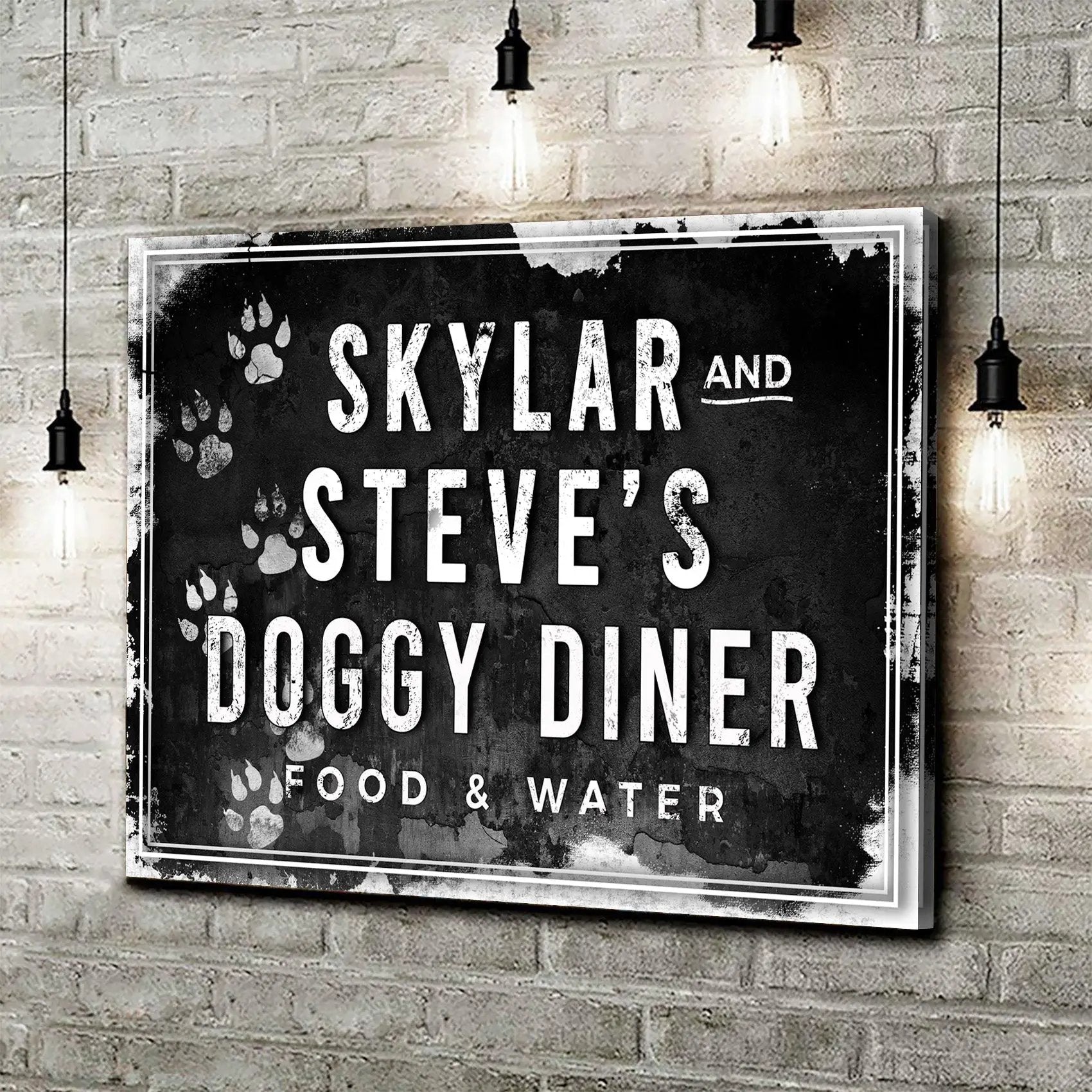 Doggy Diner sign canvas in distressed black with white text and paw prints by Tailored Canvases on Tampa Home & Garden Store