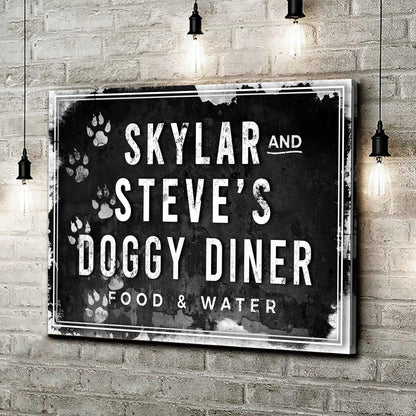 Doggy Diner sign canvas in distressed black with white text and paw prints by Tailored Canvases on Tampa Home & Garden Store