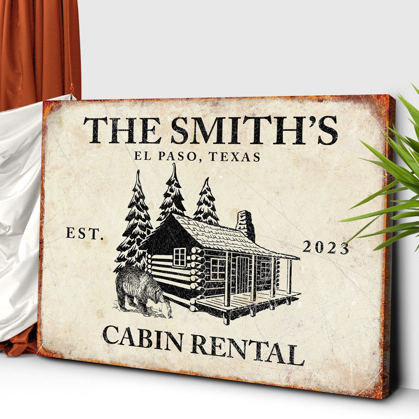 Bear Cabin Sign II canvas crafting print with rustic cabin and pine trees Tailored Canvases on Tampa Home & Garden Store