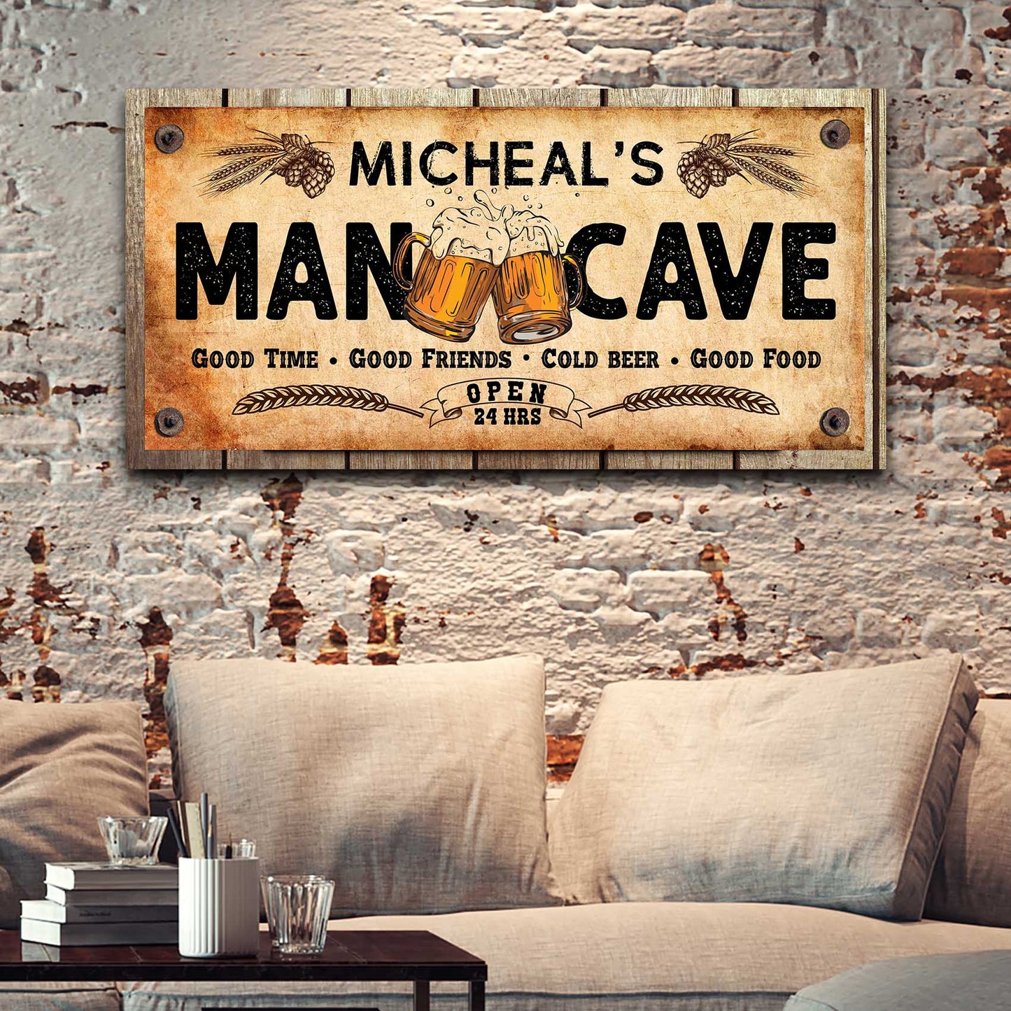 Man Cave Sign canvas by Tailored Canvases, rustic beige background with two beer mugs on Tampa Home & Garden Store