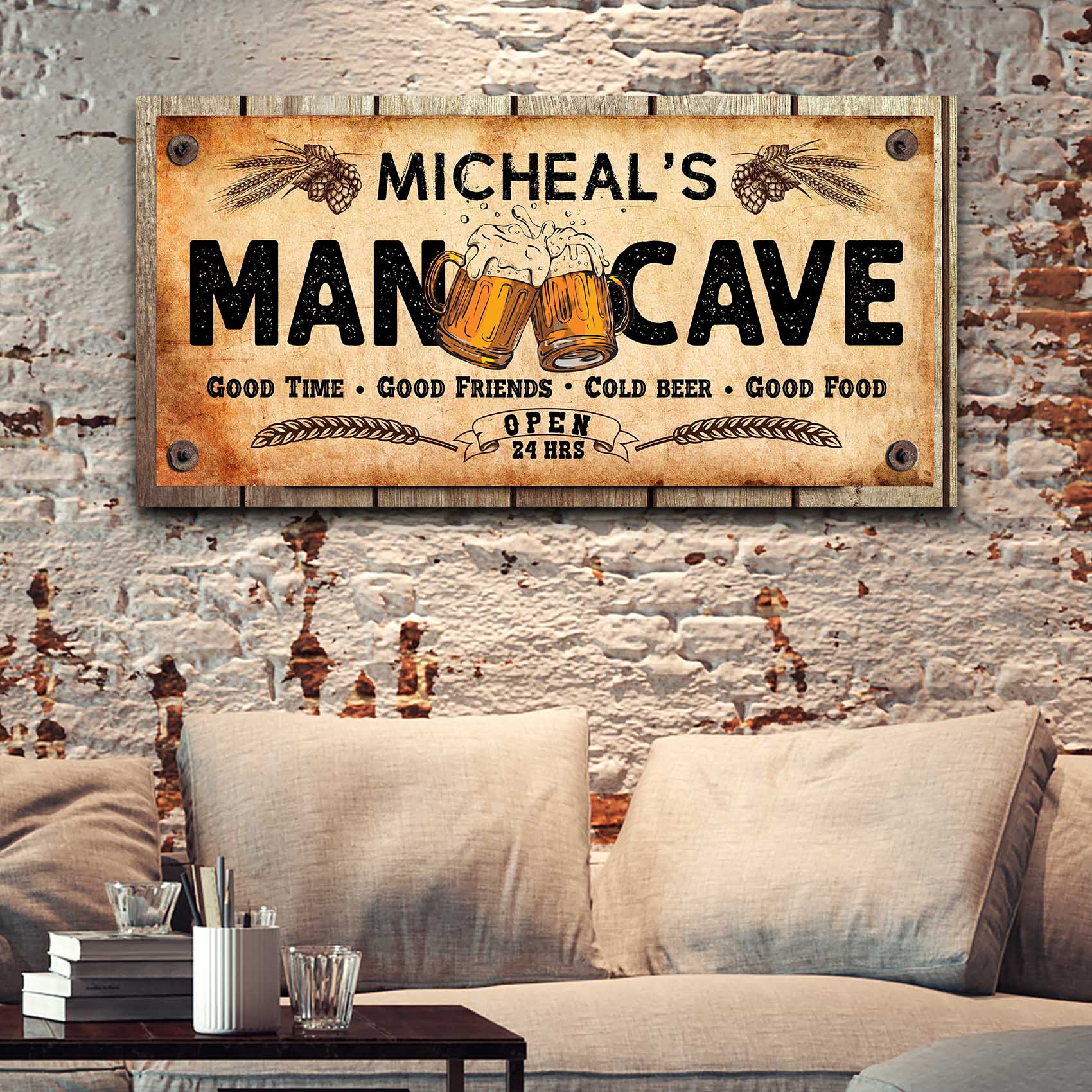 Man Cave Sign canvas by Tailored Canvases, rustic beige background with two beer mugs on Tampa Home & Garden Store