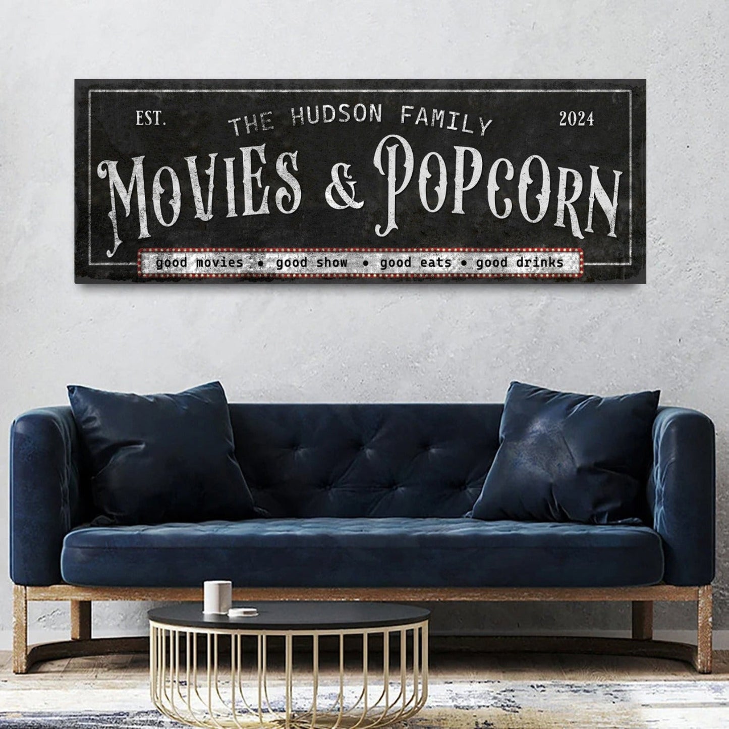 Personalized Movies & Popcorn Sign II canvas wall art in chalkboard style on Tampa Home & Garden Store