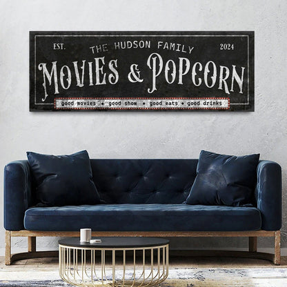 Personalized Movies & Popcorn Sign II canvas wall art in chalkboard style on Tampa Home & Garden Store