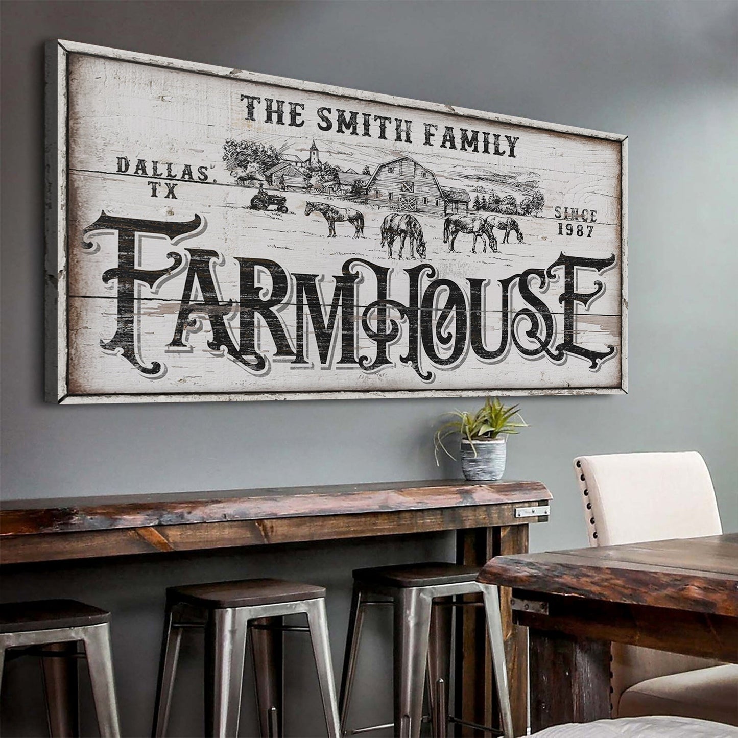 Personalized Farmhouse Sign IV canvas by Tailored Canvases with whitewashed wood and farm scene on Tampa Home & Garden Store