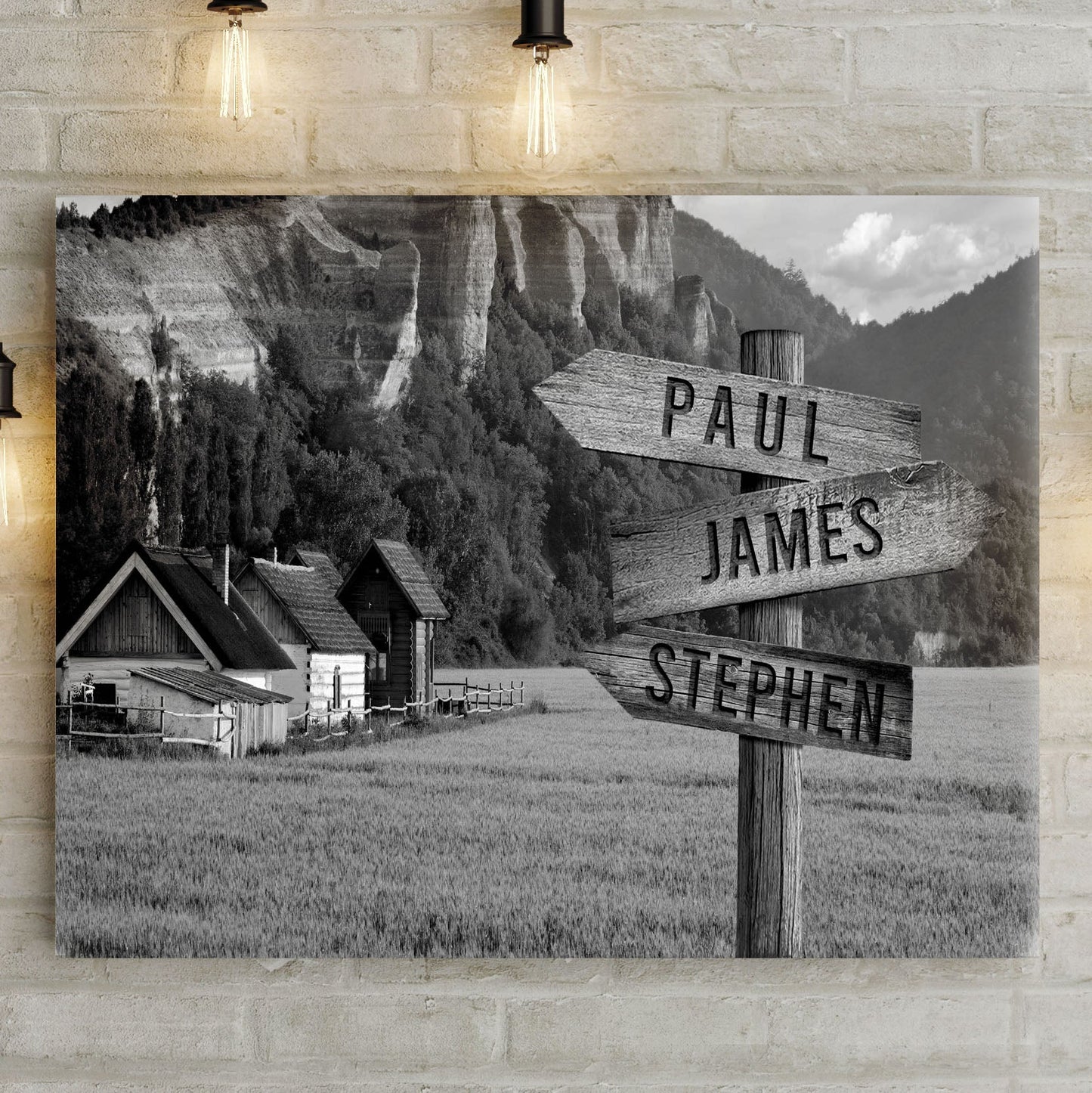 Farmhouse Name Sign canvas with wooden signpost reading PAUL JAMES in grayscale rural landscape on Tampa Home & Garden Store