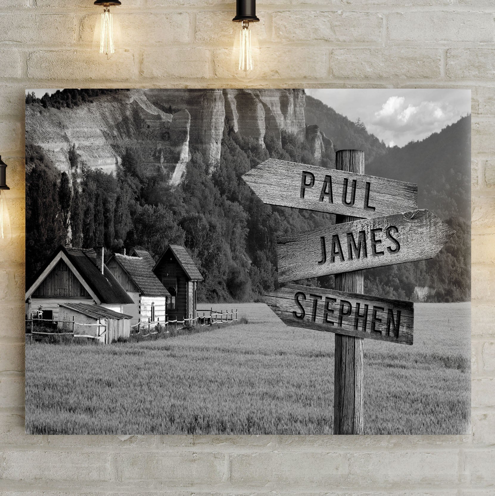 Farmhouse Name Sign canvas with wooden signpost reading PAUL JAMES in grayscale rural landscape on Tampa Home & Garden Store