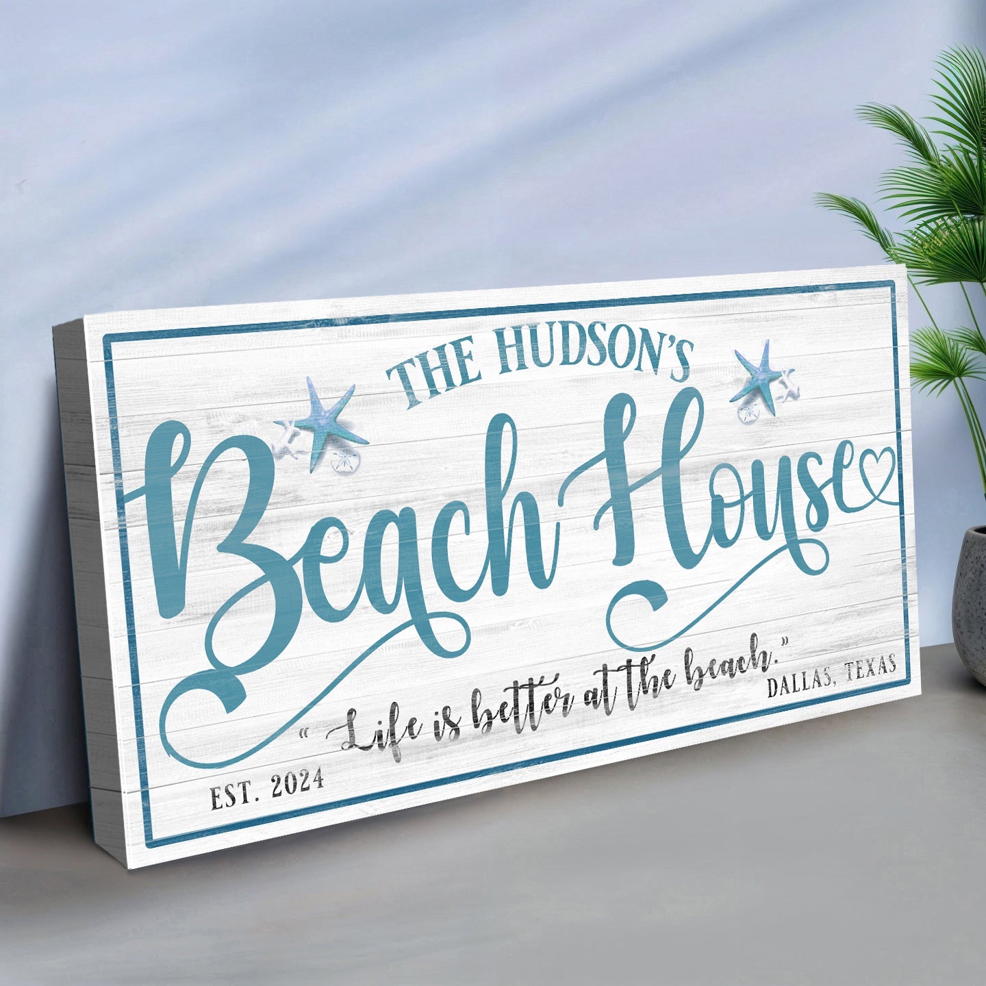 Personalized Beach House Sign II canvas by Tailored Canvases with teal script and border on Tampa Home & Garden Store