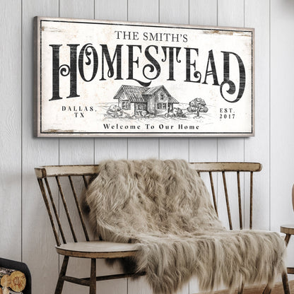 Vintage Homestead II canvas sign by Tailored Canvases, distressed cream with black typography on Tampa Home & Garden Store