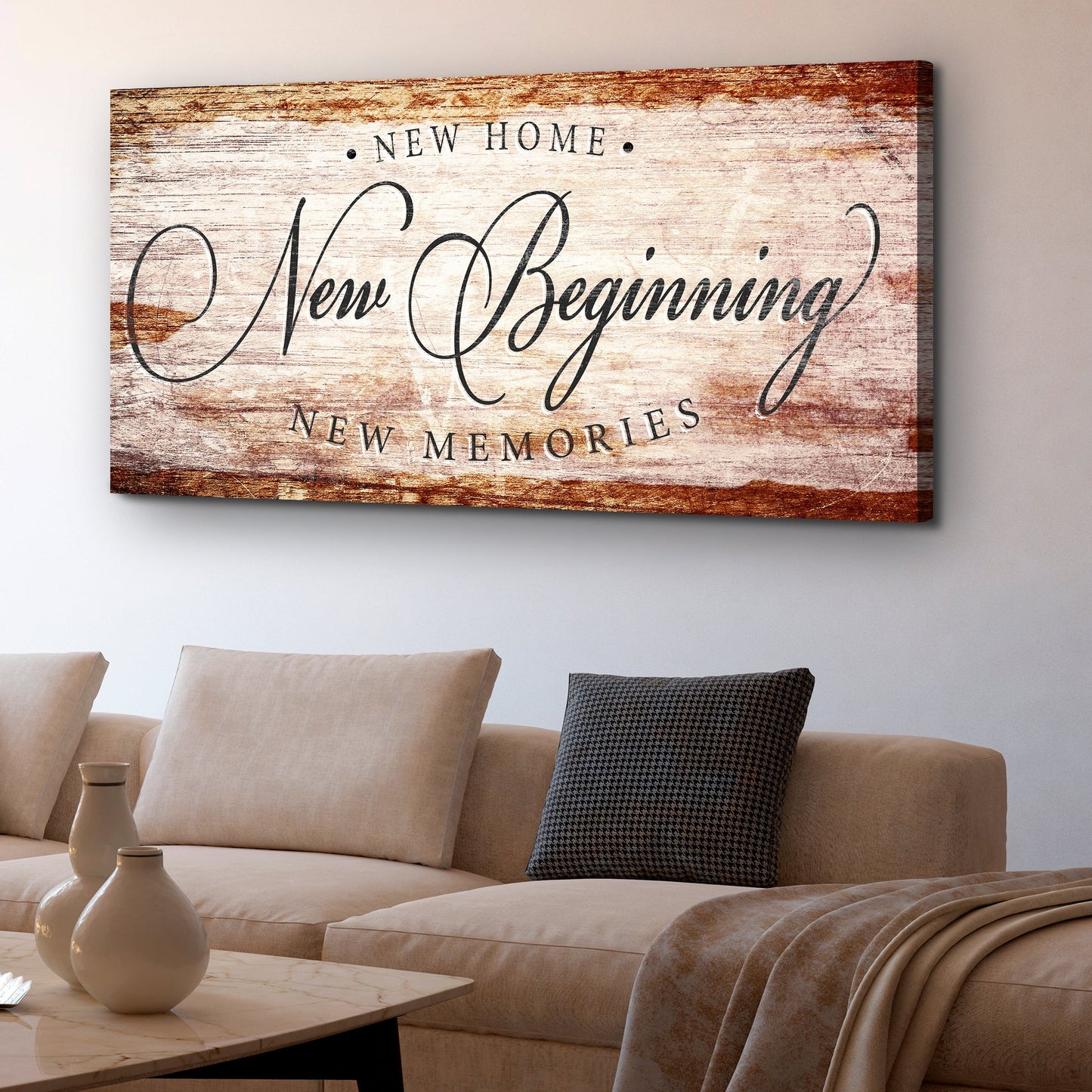 Canvas wall art with rustic wood and New Home New Beginning New Memories Tailored Canvases on Tampa Home & Garden Store