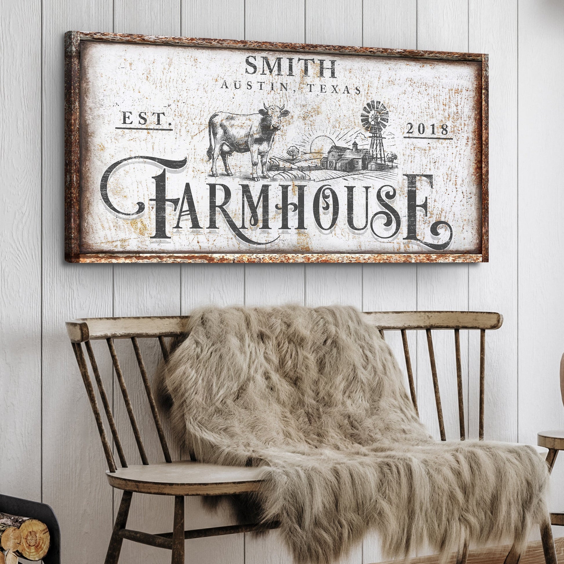 Rustic Vintage Farmhouse Sign II crafting canvas by Tailored Canvases with cow and windmill scene on Tampa Home & Garden Store