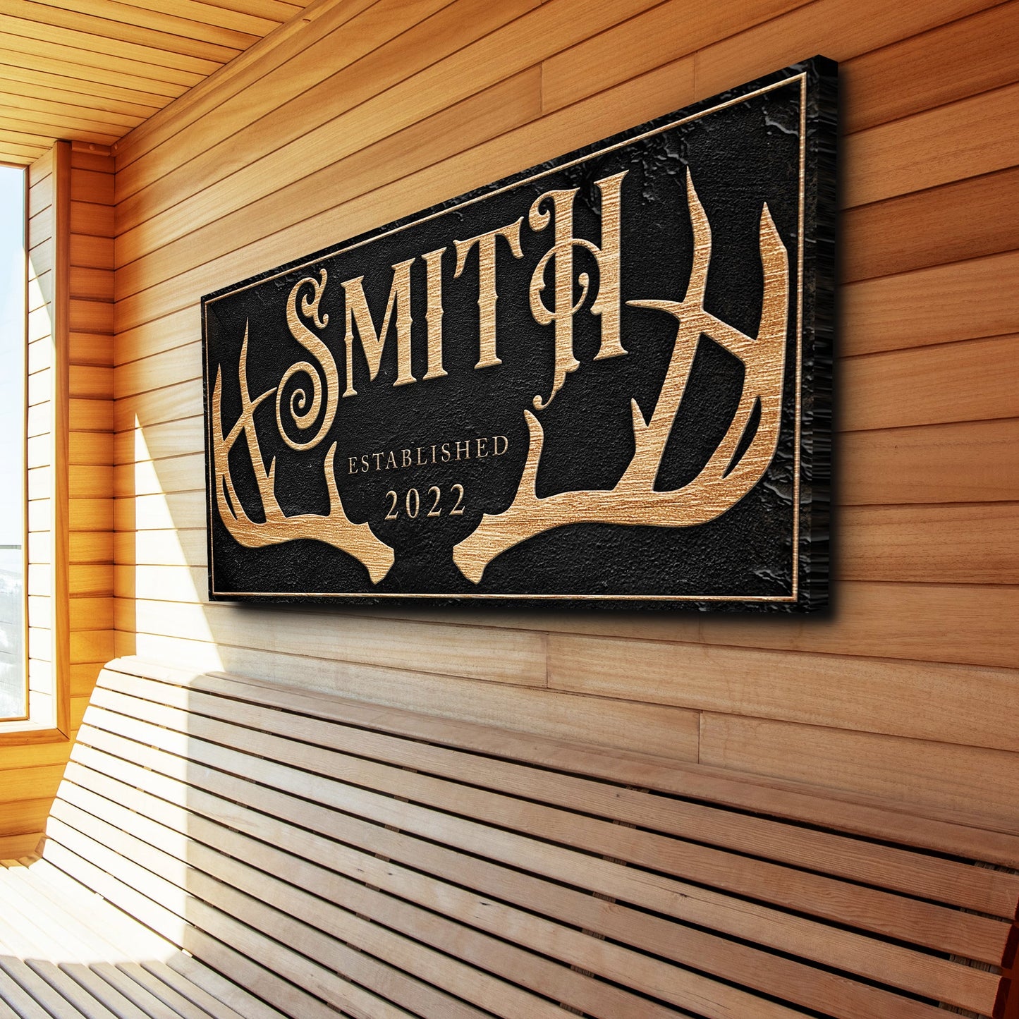 Personalized Family Antler Sign canvas with gold foil lettering on black textured background on Tampa Home & Garden Store