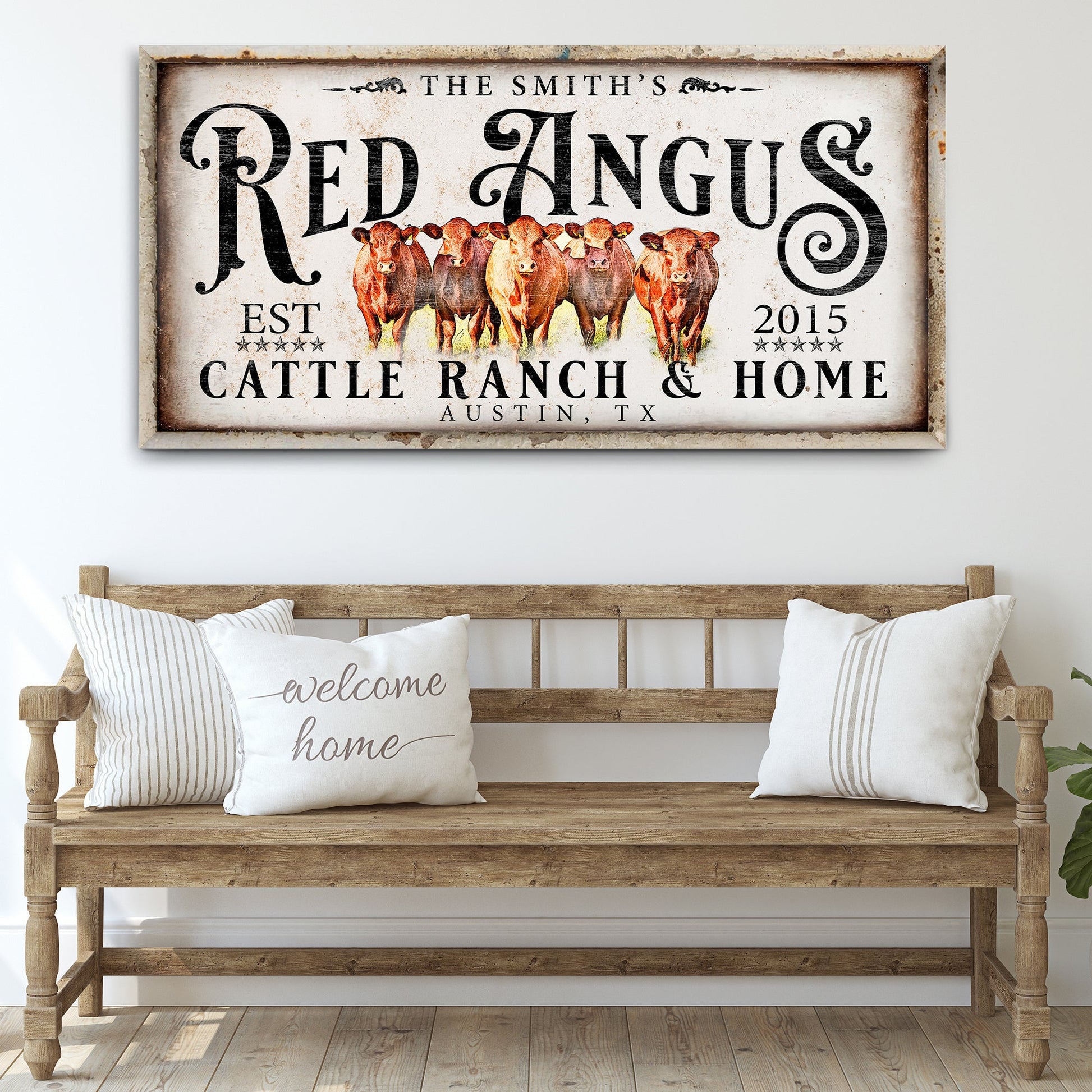 Red Angus Sign II canvas by Tailored Canvases; rustic cattle ranch art with a herd of red angus on Tampa Home & Garden Store