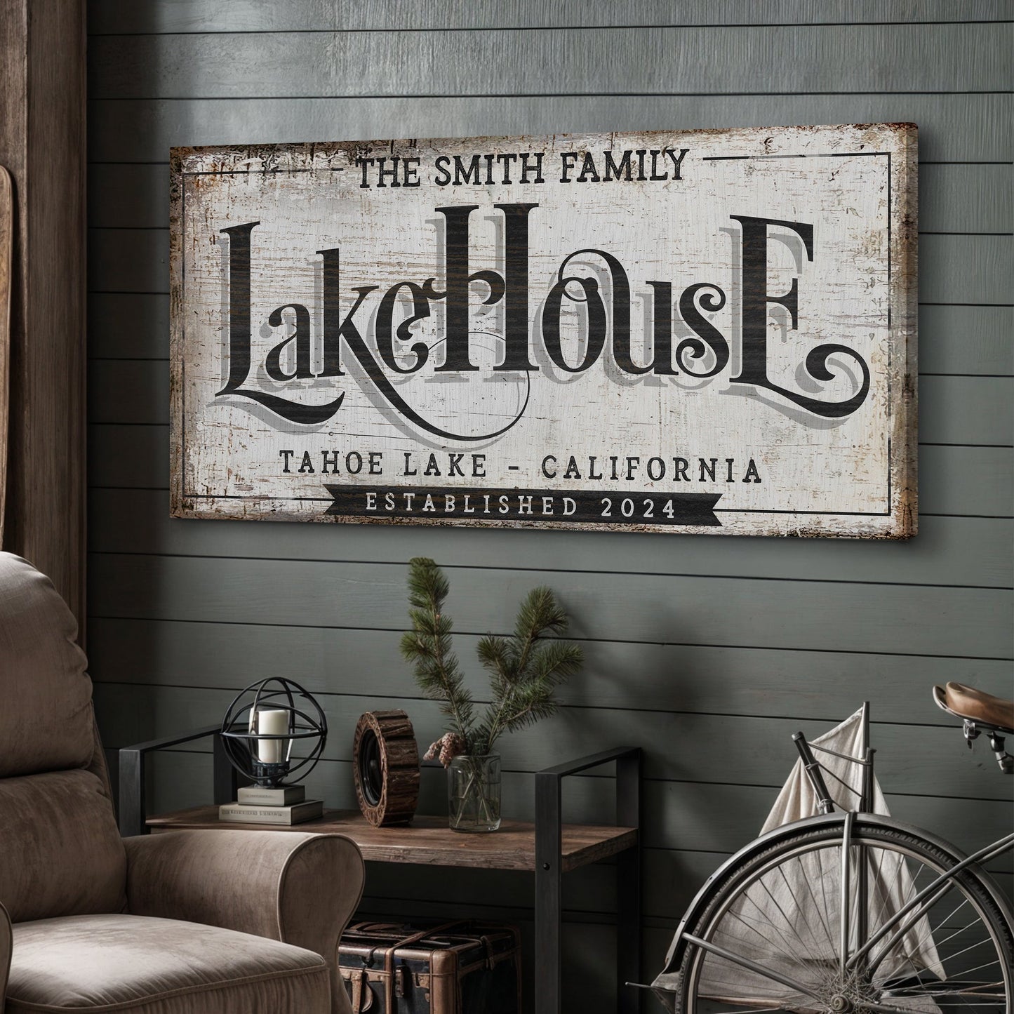 Lake House Sign XI canvas by Tailored Canvases, distressed white with bold black lettering on Tampa Home & Garden Store