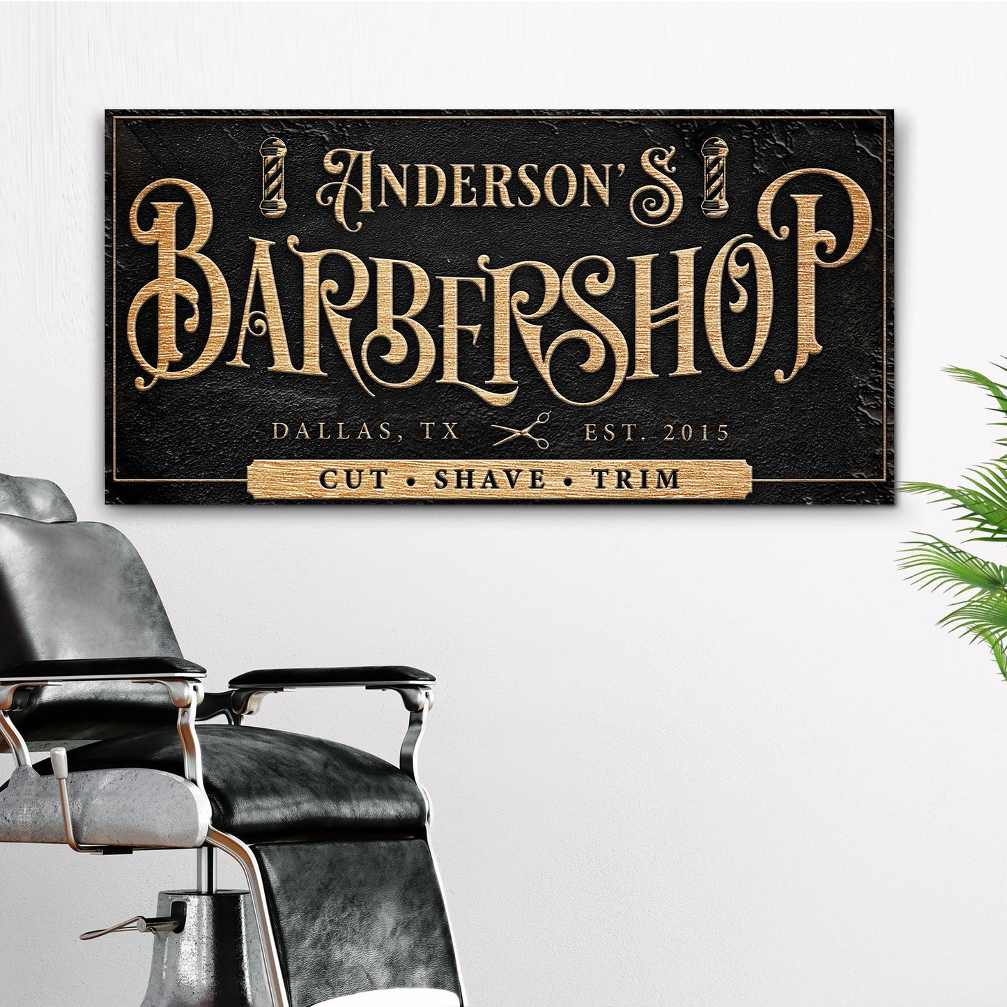 Canvas sign Barbershop by Tailored Canvases with gold lettering on Tampa Home & Garden Store