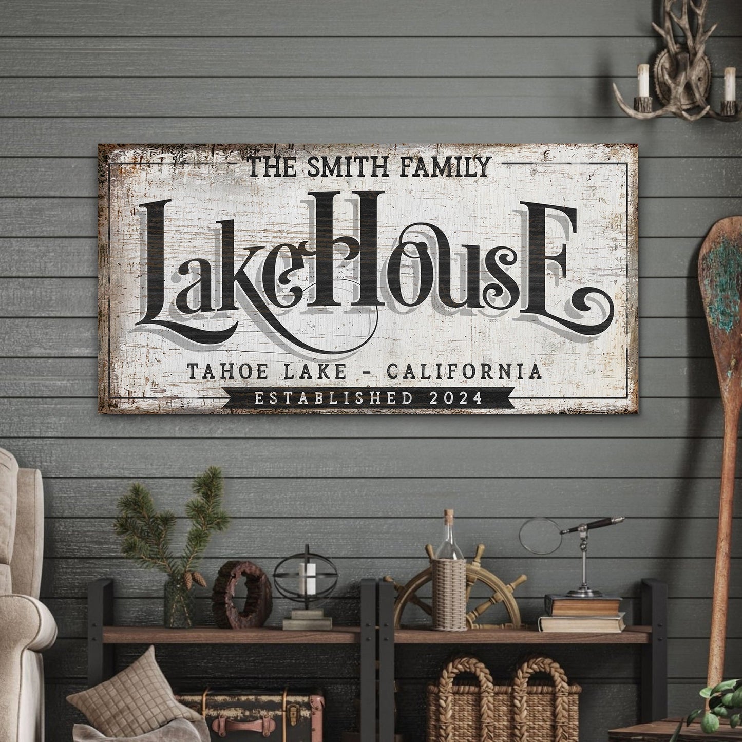 Lake House Sign XI canvas wall art with distressed white finish and black script on Tampa Home & Garden Store