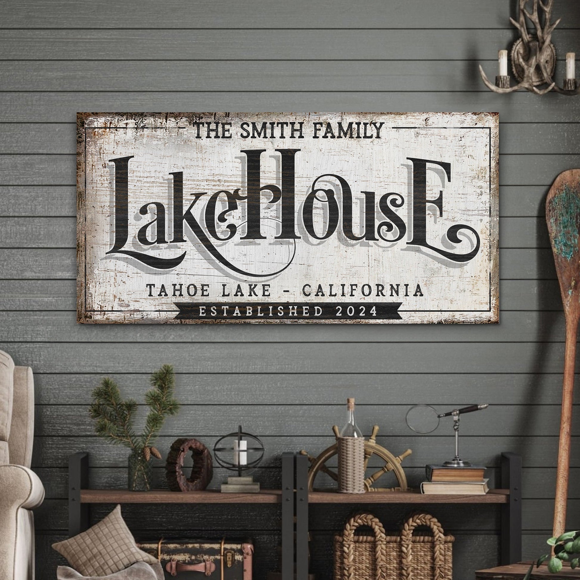Lake House Sign XI canvas wall art with distressed white finish and black script on Tampa Home & Garden Store