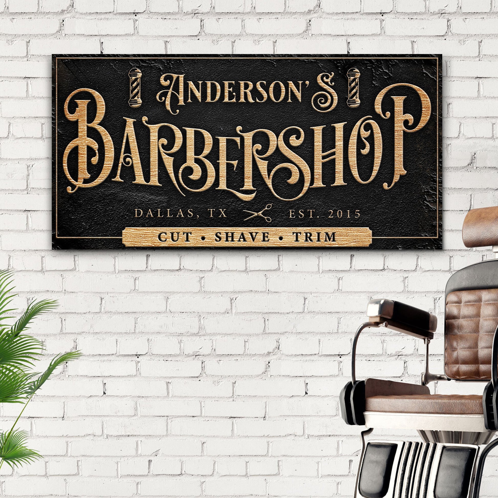 Canvas sign Barbershop by Tailored Canvases with black background and gold lettering on Tampa Home & Garden Store