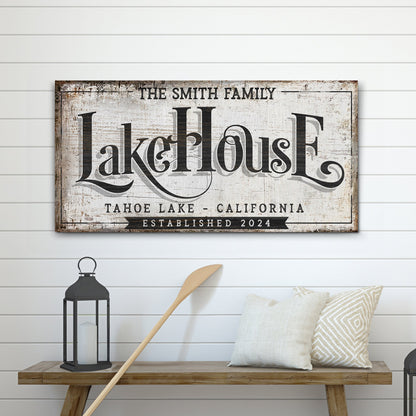 Canvas sign Lake House XI by Tailored Canvases, distressed beige rustic finish with large LakeHouse lettering on shiplap on Tampa Home & Garden Store