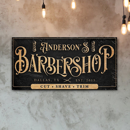 Personalized Barbershop Sign canvas with black textured surface and gold ornate lettering on Tampa Home & Garden Store
