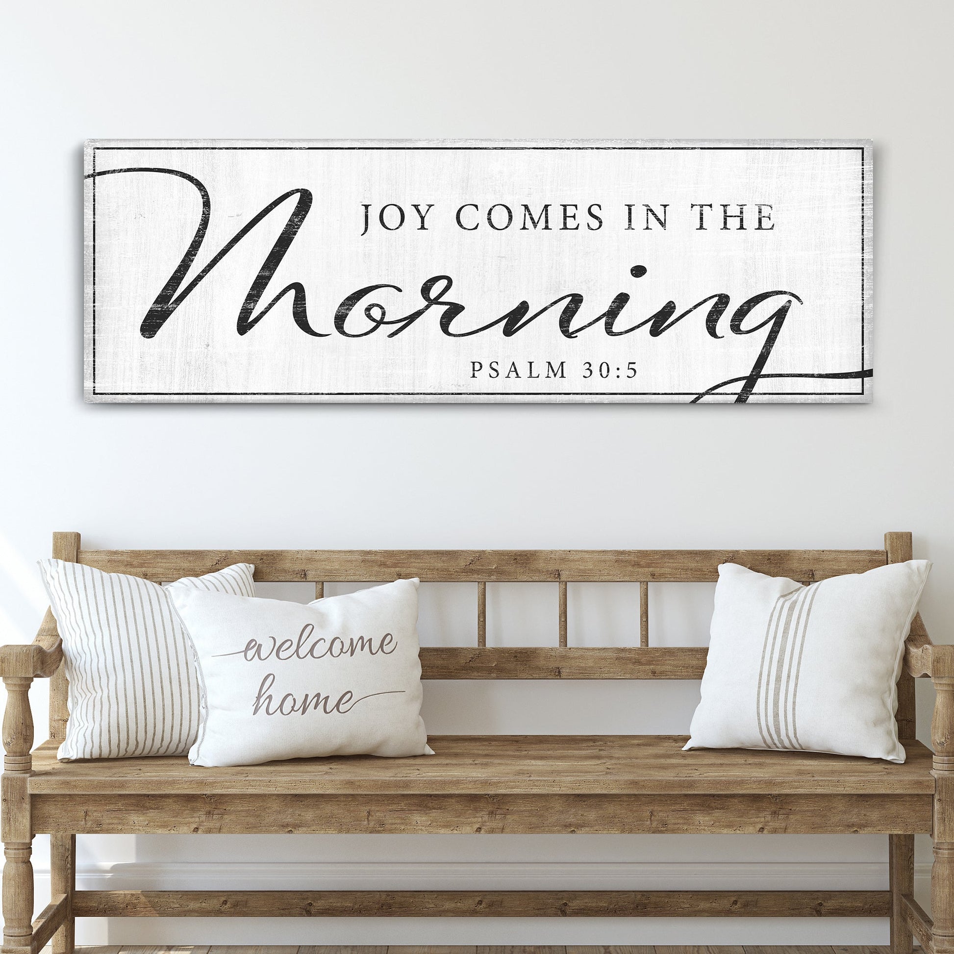 Joy Comes In The Morning Faith Sign IV canvas by Tailored Canvases, whitewashed with black script on Tampa Home & Garden Store