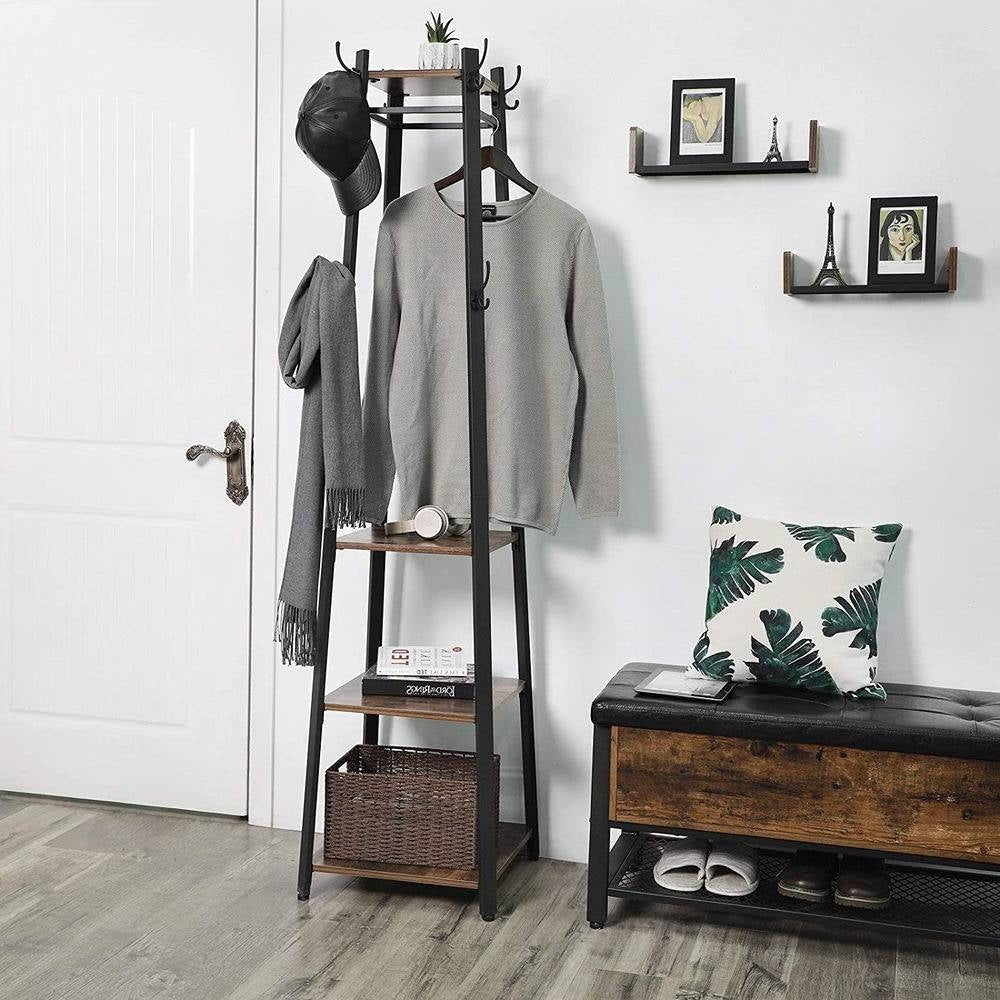 Perchero moderno industrial de metal con estantes de madera y 3 repisas