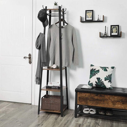 Perchero moderno industrial de metal con estantes de madera y 3 repisas