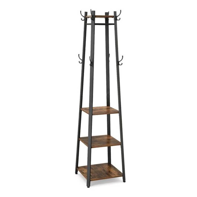Perchero moderno industrial de metal con estantes de madera y 3 repisas