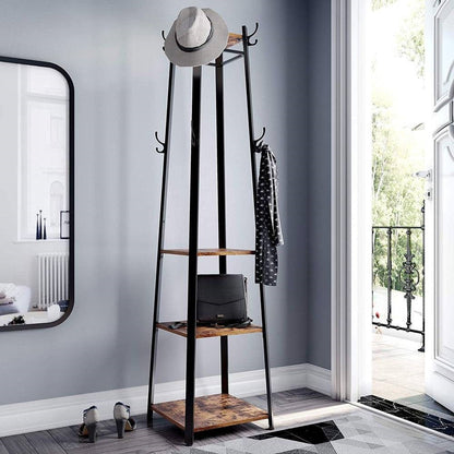 Perchero moderno industrial de metal con estantes de madera y 3 repisas