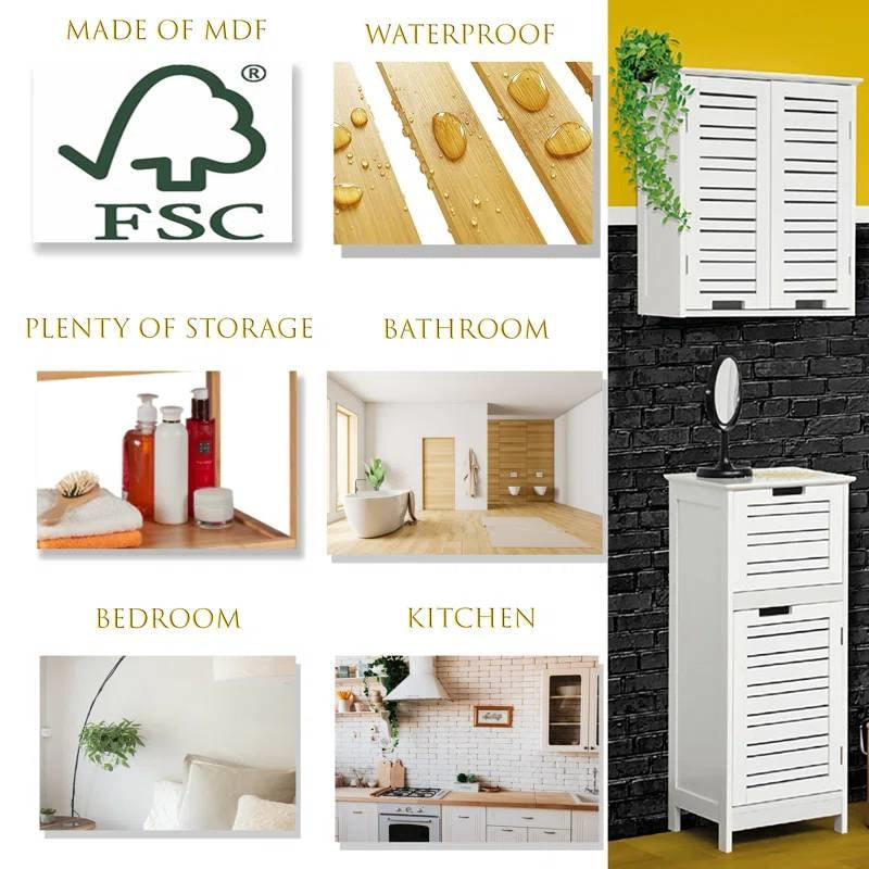 Armario de baño de pared con puertas de persiana en acabado de madera blanca