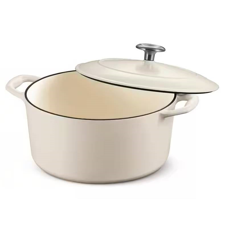 Horno holandés de hierro fundido esmaltado blanco beige de 5.5 cuartos de galón con tapa, apto para horno, redondo