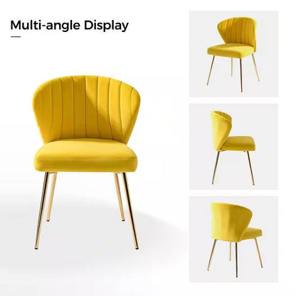 Sillón auxiliar tapizado en terciopelo amarillo mostaza con respaldo de alas y patas de metal dorado