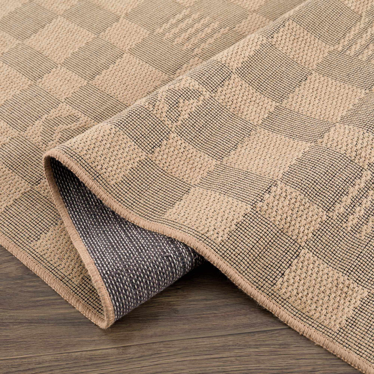 Nairi Checkered Washable Jute Rug with natural beige and black-brown pattern, fringed edges on Tampa Home & Garden Store