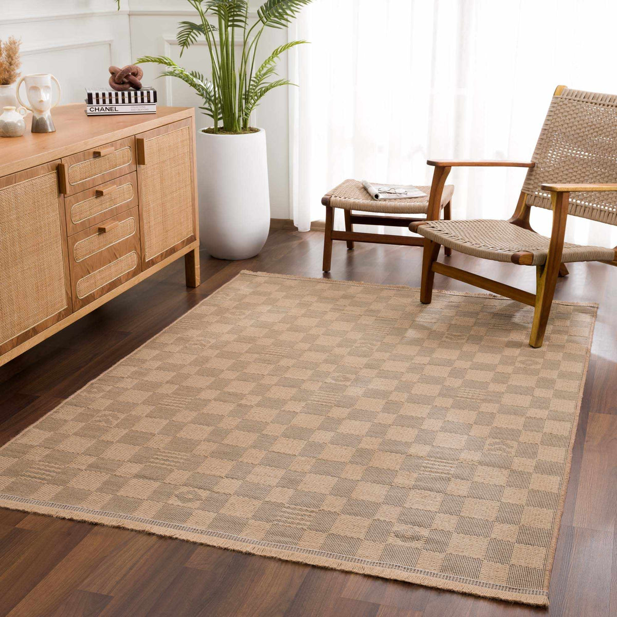 Nairi Checkered Washable Jute Rug, beige with checker pattern on Tampa Home & Garden Store