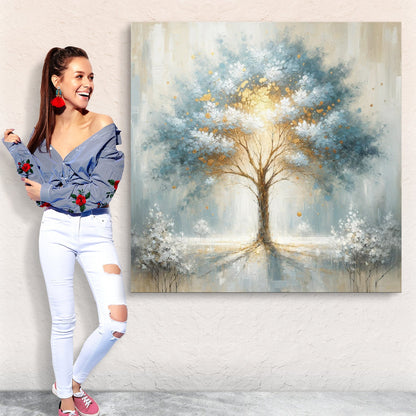 Canvas Print Mystic Tree by Tailored Canvases; abstract blue-gold tree with soft background on Tampa Home & Garden Store
