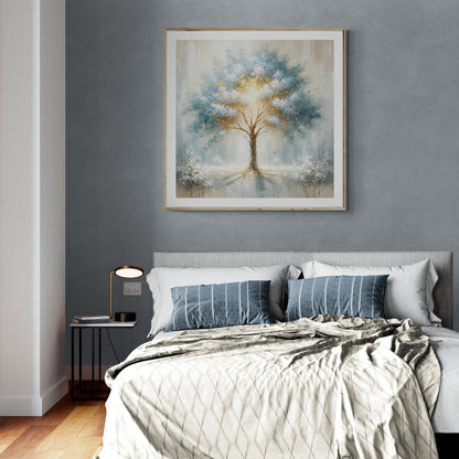 Canvas Print Mystic Tree by Tailored Canvases, framed abstract tree in blue, gold accents on Tampa Home & Garden Store