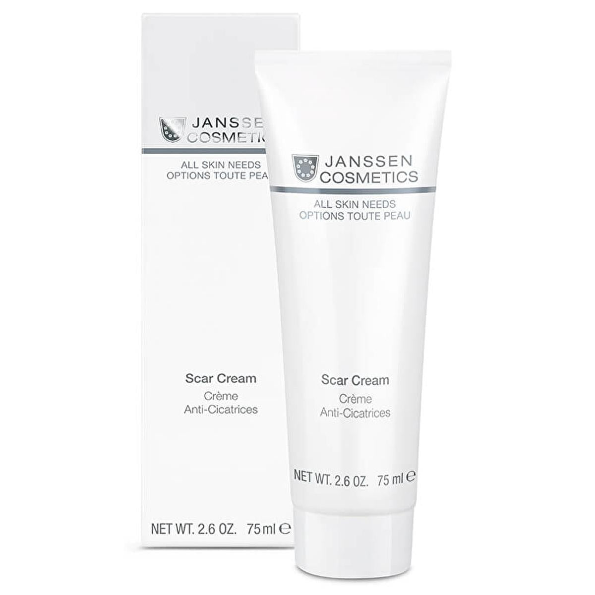 Janssen Cosmetics Scar Cream tube and box set, white packaging with a silver band, 75 ml on Tampa Home & Garden Store