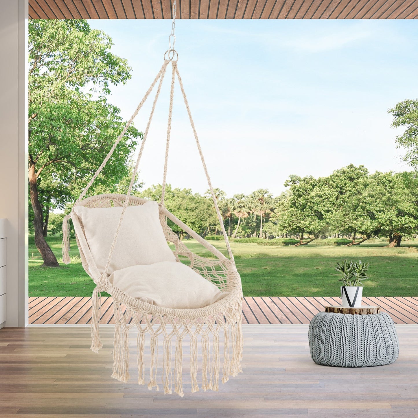 Silla Hamaca Colgante con Cojines de Asiento Suaves y Cadena de Cuerda Robusta-Beige