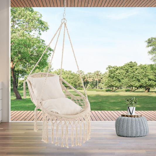 Hanging Hammock Chair with Soft Seat Cushions and Sturdy Rope Chain-Beige - Tampa Home & Garden Store