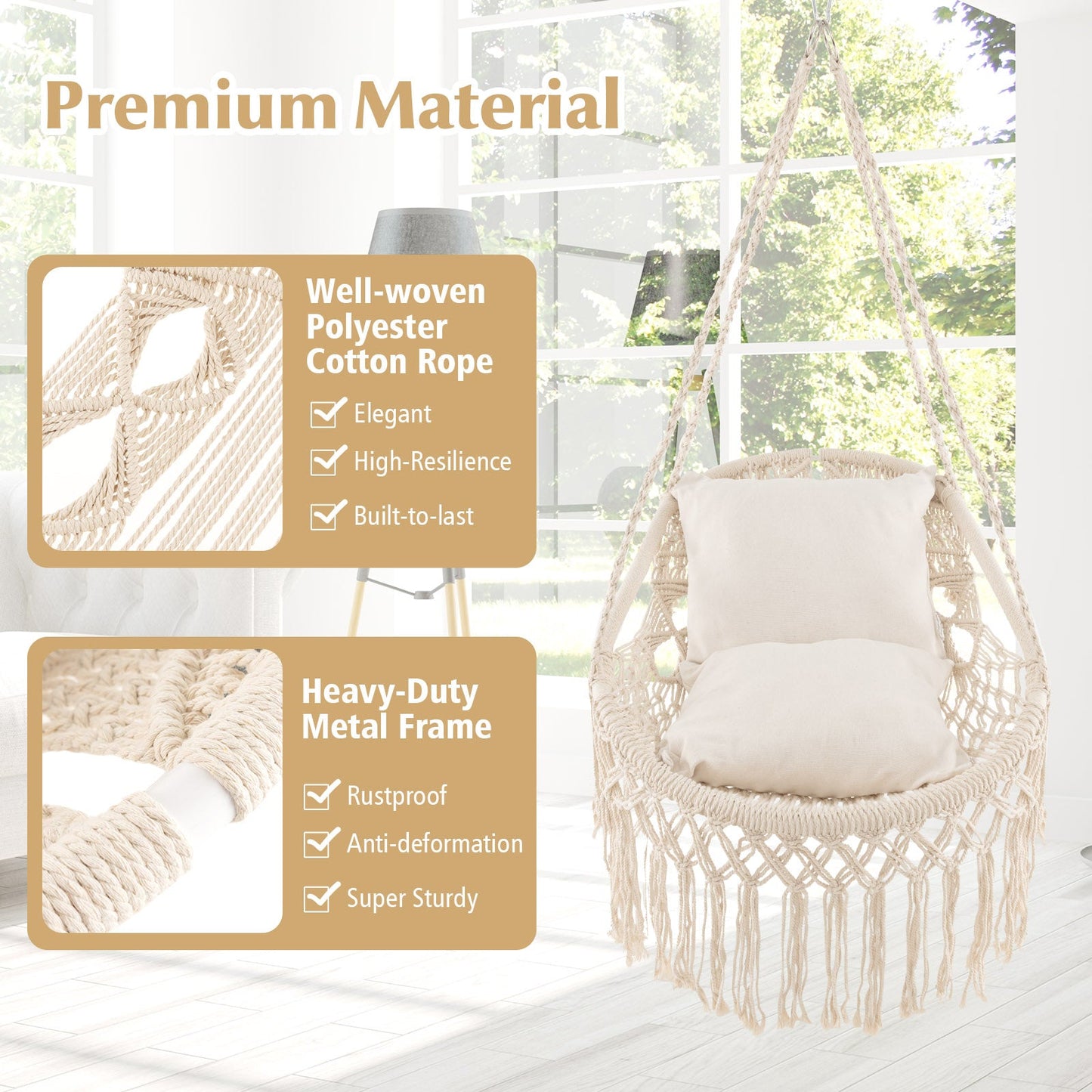 Silla Hamaca Colgante con Cojines de Asiento Suaves y Cadena de Cuerda Robusta-Beige
