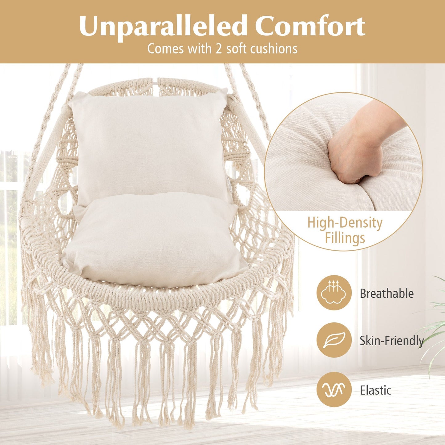 Silla Hamaca Colgante con Cojines de Asiento Suaves y Cadena de Cuerda Robusta-Beige