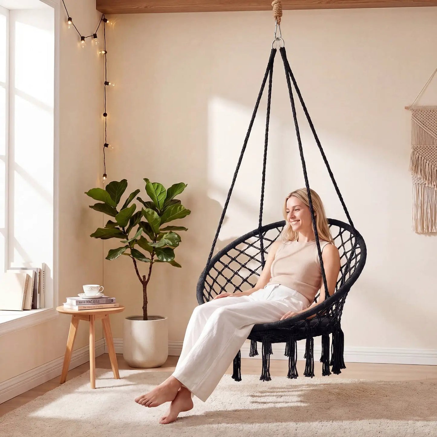 Macrame Swing Chair With Round Seat Cushion