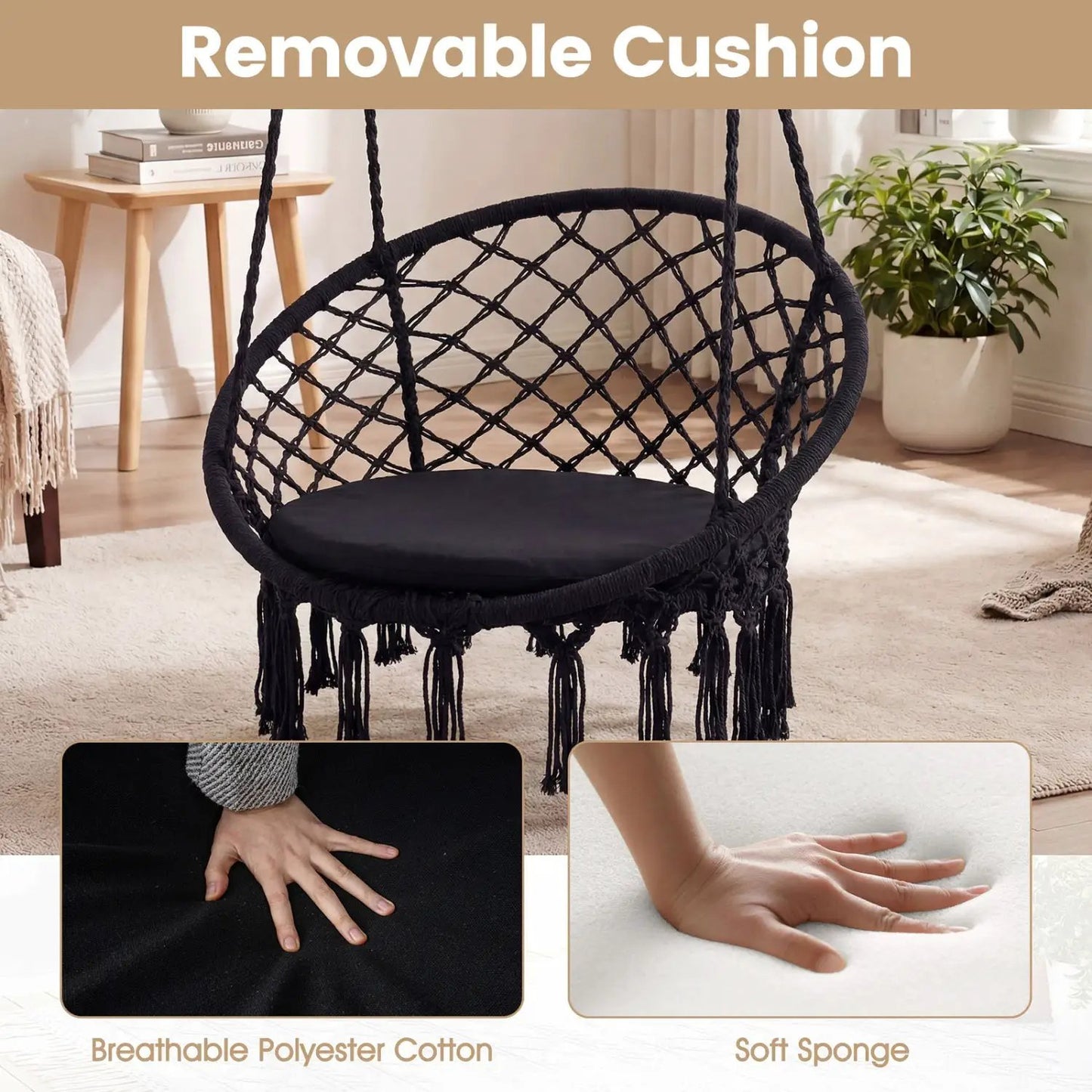 Macrame Swing Chair With Round Seat Cushion