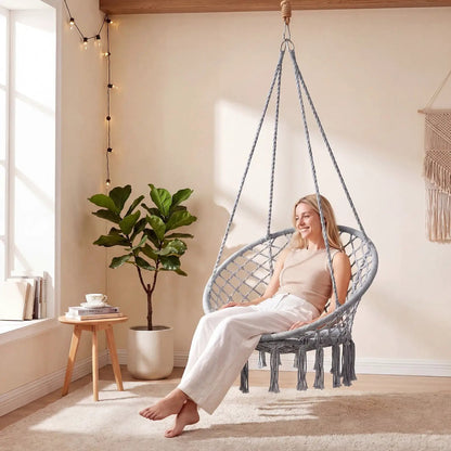 Macrame Swing Chair With Round Seat Cushion
