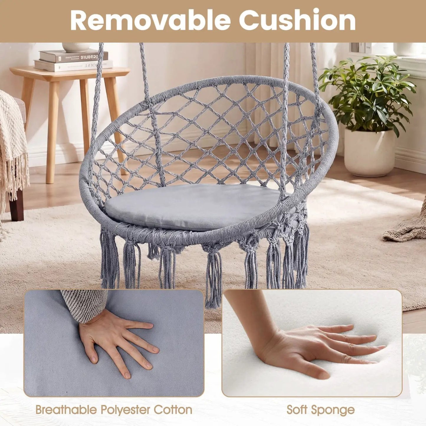 Macrame Swing Chair With Round Seat Cushion
