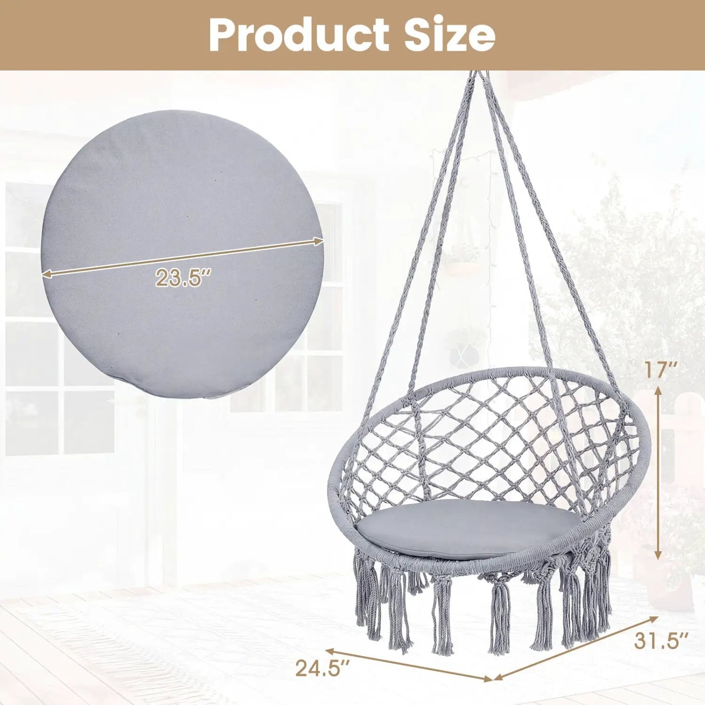 Macrame Swing Chair With Round Seat Cushion