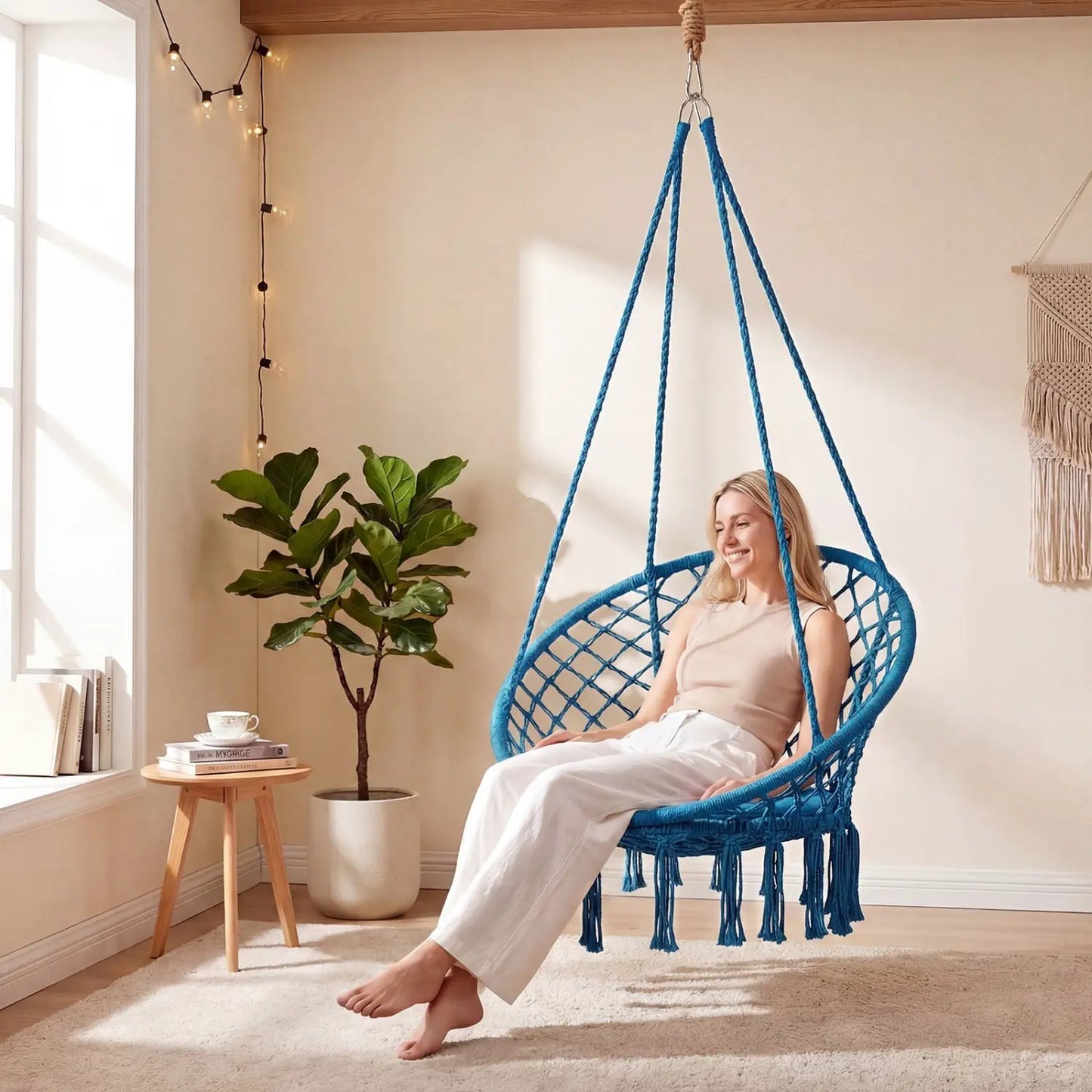 Macrame Swing Chair With Round Seat Cushion